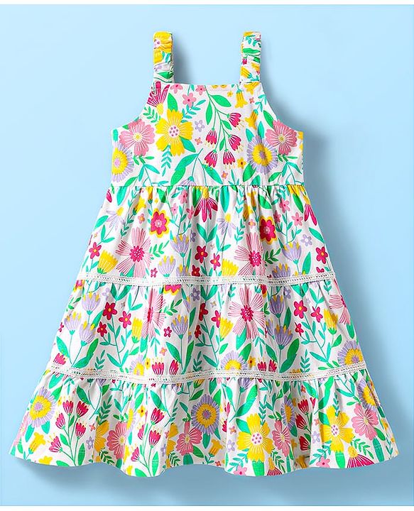 Babyhug Cotton Woven Sleeveless Frock with Floral Print - White