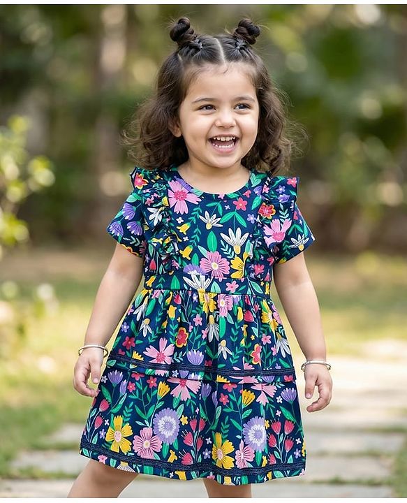 Babyhug Cotton Woven Half Sleeves Frock With Floral Print & Lace Detailing - Navy Blue