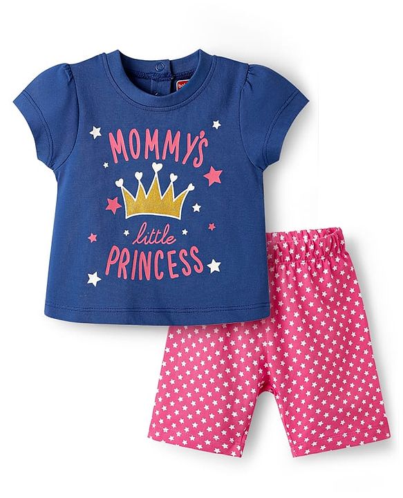 Babyhug Cotton Knit Half Sleeves Night Suit Mommys Princess Print - Navy Blue & Pink