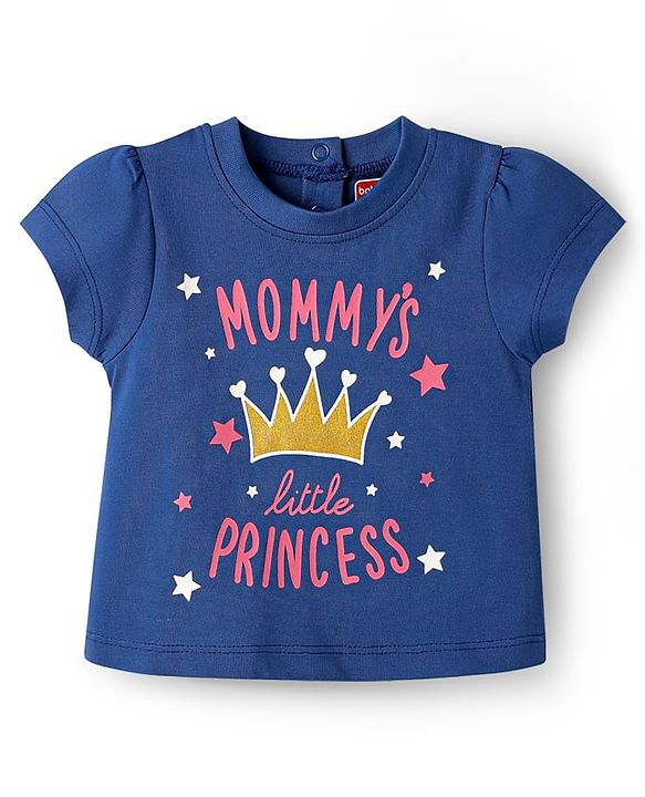 Babyhug Cotton Knit Half Sleeves Night Suit Mommys Princess Print - Navy Blue & Pink