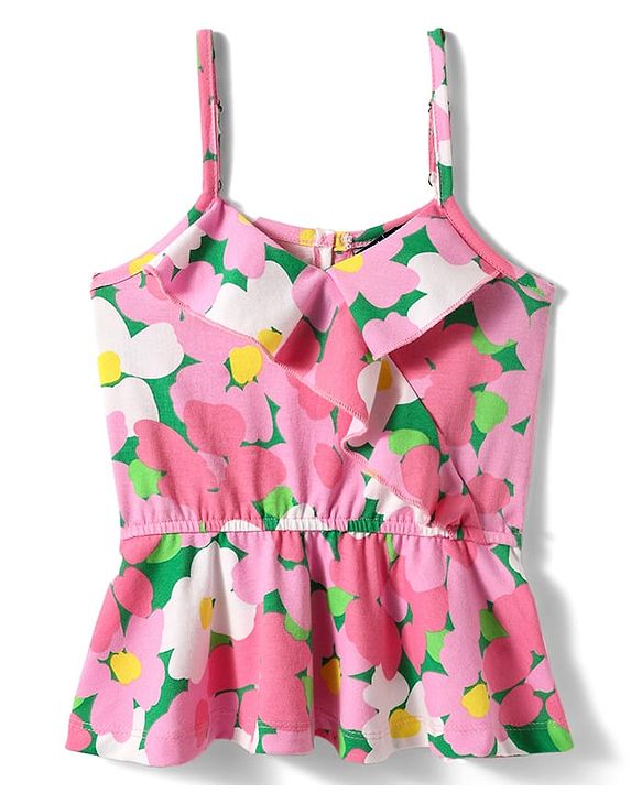 Pine Kids Cotton Knit Sleeveless Top with Floral Print & Frill Detailing - Pink