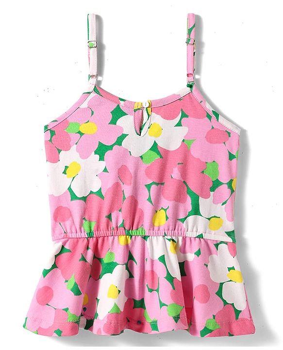 Pine Kids Cotton Knit Sleeveless Top with Floral Print & Frill Detailing - Pink