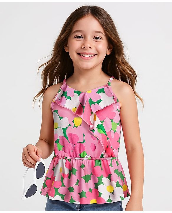 Pine Kids Cotton Knit Sleeveless Top with Floral Print & Frill Detailing - Pink