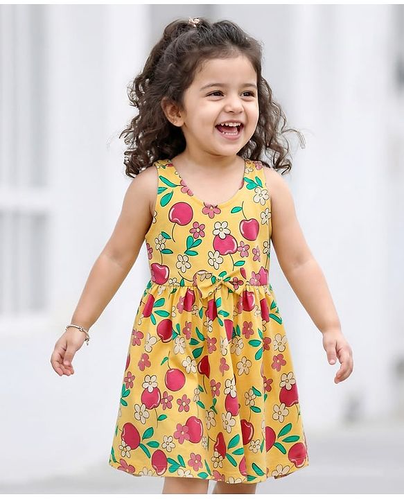 Babyhug Cotton Woven Sleeveless Frock With Floral & Cherry Print & Bow Applique - Yellow