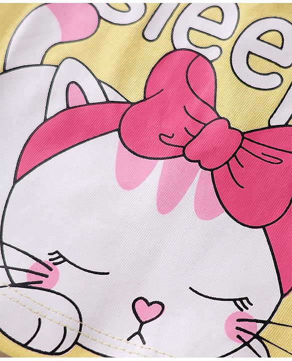 Babyhug Cotton Half Sleeves Capri Night Suit Kitty & Dot Print- Yellow & Pink