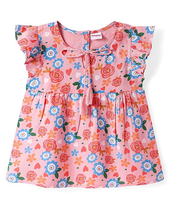 Babyhug Rayon Woven Frill Sleeves Top with Floral Print - Pink