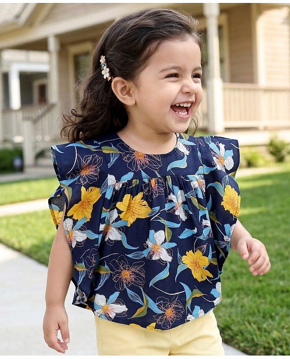 Babyhug Rayon Woven Half Frill Sleeves Ruffled Top with Floral Print - Navy Blue