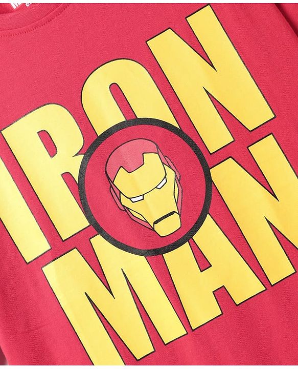 Pine Kids Marvel Single Jersey Knit Drop Shoulder Half Sleeves Oversized T-Shirt with Iron Man Graphics - Red