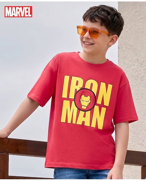 Pine Kids Marvel Single Jersey Knit Drop Shoulder Half Sleeves Oversized T-Shirt with Iron Man Graphics - Red