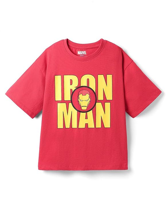 Pine Kids Marvel Single Jersey Knit Drop Shoulder Half Sleeves Oversized T-Shirt with Iron Man Graphics - Red