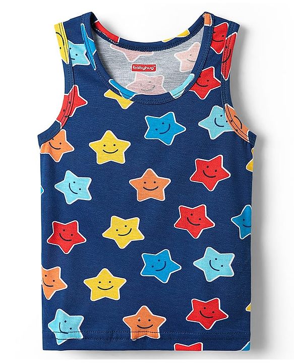 Babyhug 100% Cotton Sleeveless Star Printed & Striped Vests Pack Of 3 - Light Blue Yellow & Navy Blue