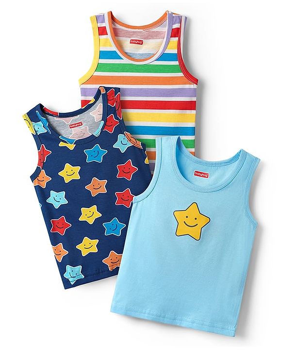 Babyhug 100% Cotton Sleeveless Star Printed & Striped Vests Pack Of 3 - Light Blue Yellow & Navy Blue