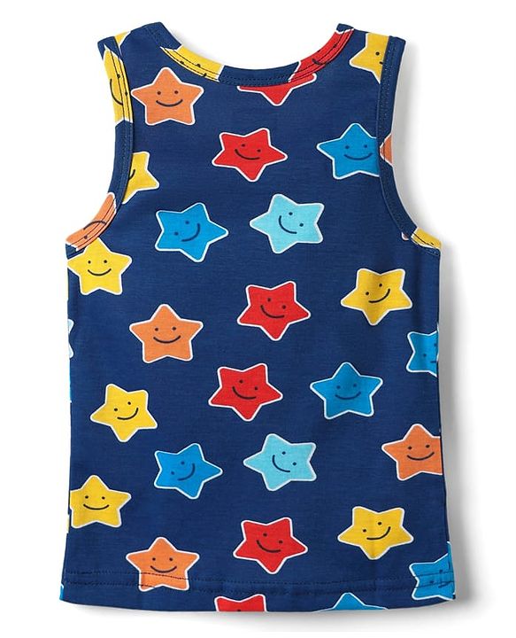 Babyhug 100% Cotton Sleeveless Star Printed & Striped Vests Pack Of 3 - Light Blue Yellow & Navy Blue