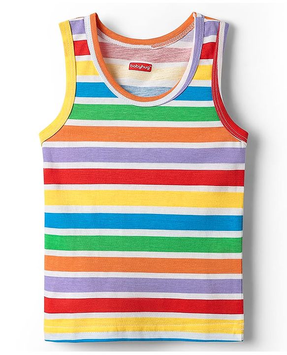 Babyhug 100% Cotton Sleeveless Star Printed & Striped Vests Pack Of 3 - Light Blue Yellow & Navy Blue