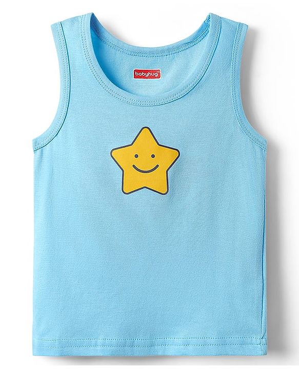 Babyhug 100% Cotton Sleeveless Star Printed & Striped Vests Pack Of 3 - Light Blue Yellow & Navy Blue