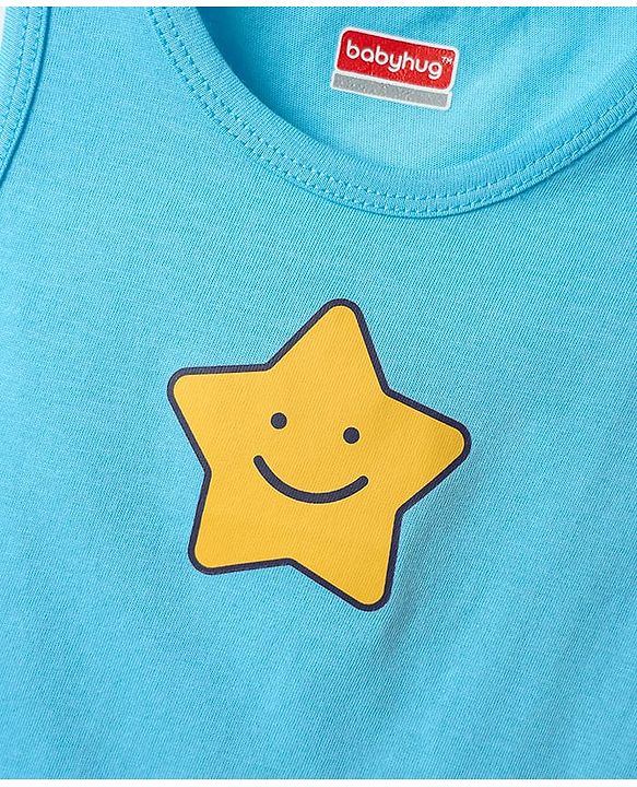 Babyhug 100% Cotton Sleeveless Star Printed & Striped Vests Pack Of 3 - Light Blue Yellow & Navy Blue