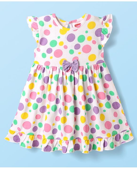 Babyhug Cotton Woven Frill Sleeves Polka Dots Printed Frocks with Bloomer Headbands & Bow Applique Print Pack of 2 - White & Lilac
