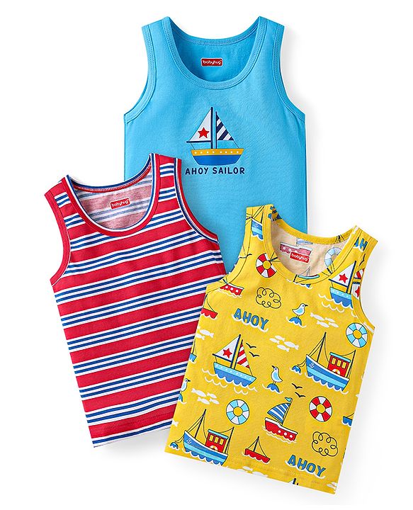 Babyhug 100% Cotton Knit Sleeveless Sandos with Stripes & Sea Life Print Pack of 3 - Light Blue & Yellow