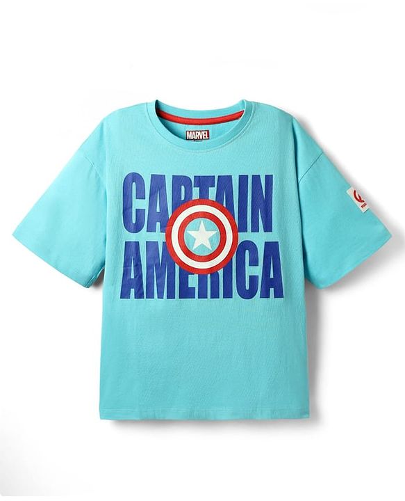 Pine Kids Marvel Single Jersey Knit Half Sleeves Oversized  Drop Shoulder T-Shirt With Avengers-Captain America Graphics And Badge Detailing - Light Blue