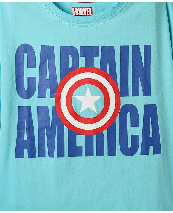 Pine Kids Marvel Single Jersey Knit Half Sleeves Oversized  Drop Shoulder T-Shirt With Avengers-Captain America Graphics And Badge Detailing - Light Blue