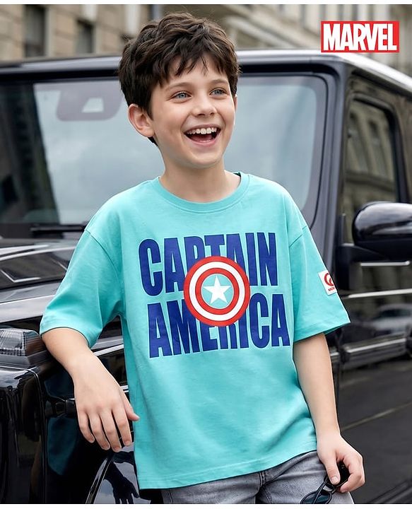 Pine Kids Marvel Single Jersey Knit Half Sleeves Oversized  Drop Shoulder T-Shirt With Avengers-Captain America Graphics And Badge Detailing - Light Blue
