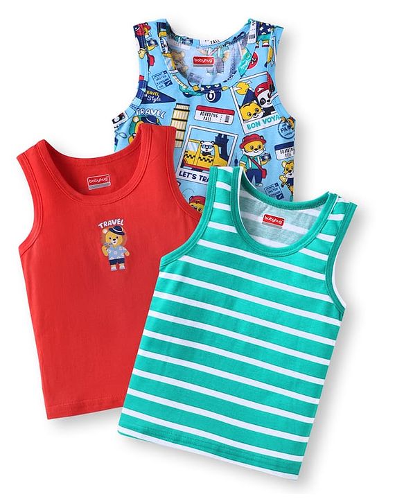 Babyhug 100% Cotton Knit Sleeveless Sandos with Stripes & Bear Print Pack of 3 - Red Blue & Mint Green