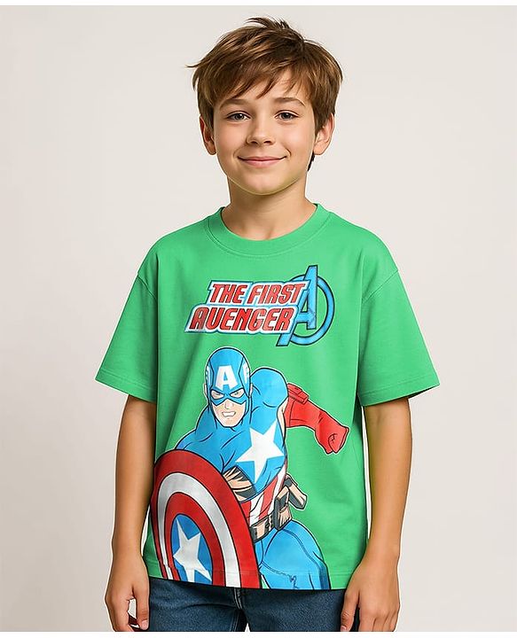 Pine Kids Marvel Single Jersey Knit Half Drop Shoulder Sleeves Oversized T-Shirt with Captain America Graphics - Green