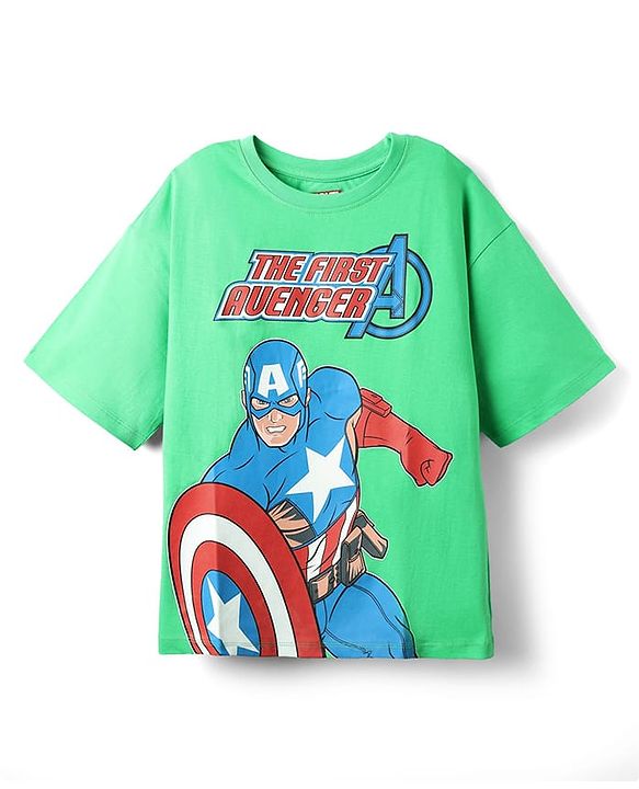 Pine Kids Marvel Single Jersey Knit Half Drop Shoulder Sleeves Oversized T-Shirt with Captain America Graphics - Green