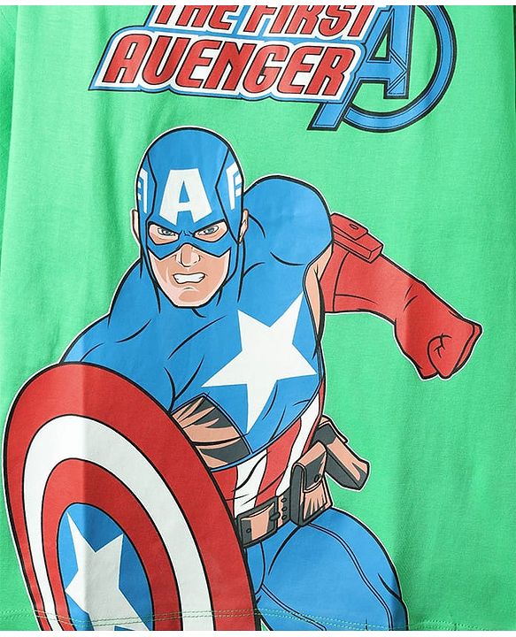 Pine Kids Marvel Single Jersey Knit Half Drop Shoulder Sleeves Oversized T-Shirt with Captain America Graphics - Green