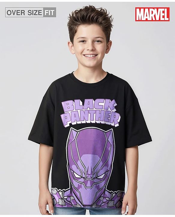 Pine Kids Marvel Single Jersey Knit Oversized Half Sleeves Drop Shoulder T-Shirt With Avengers Black Panther Graphics And Badge Detailing - Black