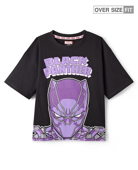 Pine Kids Marvel Single Jersey Knit Oversized Half Sleeves Drop Shoulder T-Shirt With Avengers Black Panther Graphics And Badge Detailing - Black