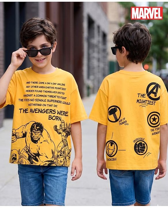 Pine Kids Marvel  Single Jersey Knit Oversized Half Sleeves Drop Shoulder T-Shirt With Front And Back Avengers Graphics - Yellow