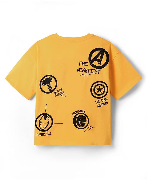 Pine Kids Marvel  Single Jersey Knit Oversized Half Sleeves Drop Shoulder T-Shirt With Front And Back Avengers Graphics - Yellow
