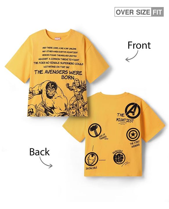 Pine Kids Marvel  Single Jersey Knit Oversized Half Sleeves Drop Shoulder T-Shirt With Front And Back Avengers Graphics - Yellow