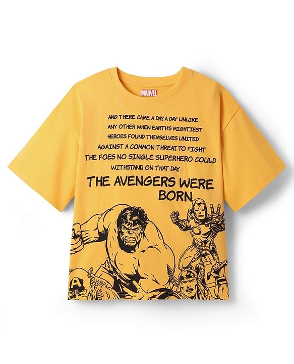 Pine Kids Marvel  Single Jersey Knit Oversized Half Sleeves Drop Shoulder T-Shirt With Front And Back Avengers Graphics - Yellow