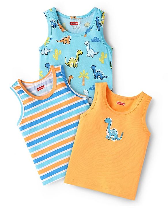 Babyhug 100% Cotton Knit Sleeveless Sando Vests With Dino Print Pack of 3 - Multicolour