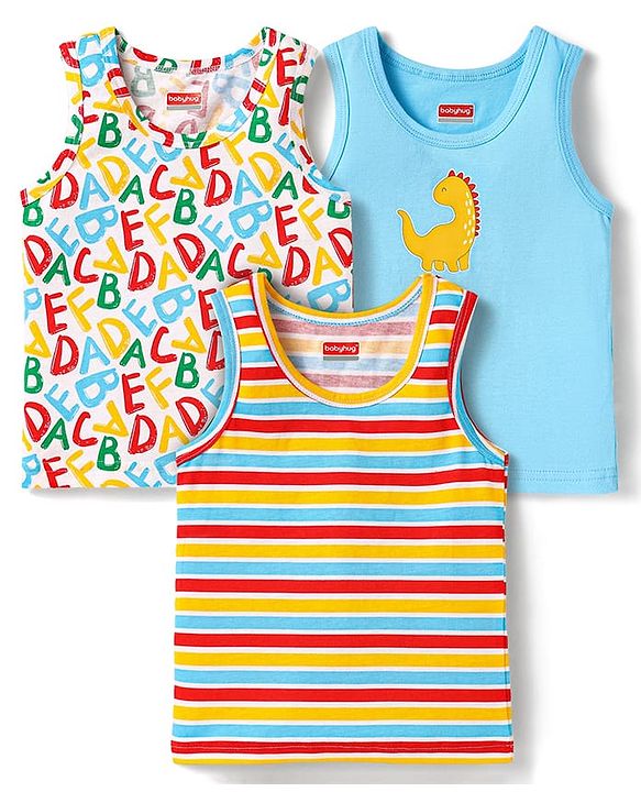 Babyhug 100% Cotton Knit Sleeveless Alphabet & Dino Printed Sando Vests Pack of 3 - Light Blue White & Red
