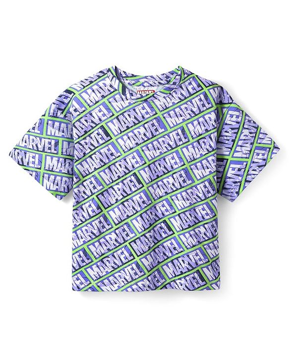 Pine Kids Marvel  Single Jersey Knit Half Sleeves Co-Ord  Oversized Drop Shoulder And Shorts Night Suit With Avengers Print - Blue