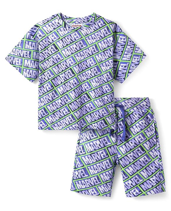 Pine Kids Marvel  Single Jersey Knit Half Sleeves Co-Ord  Oversized Drop Shoulder And Shorts Night Suit With Avengers Print - Blue