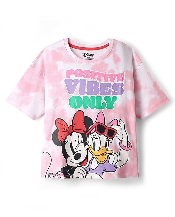 Pine Kids Disney Single Jersey Knit Half Drop Shoulder Sleeves Tie & Dye Oversized T-Shirt with Minnie Mouse Graphics - Pink