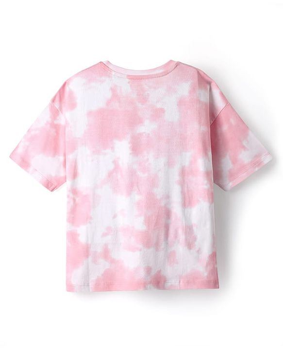Pine Kids Disney Single Jersey Knit Half Drop Shoulder Sleeves Tie & Dye Oversized T-Shirt with Minnie Mouse Graphics - Pink