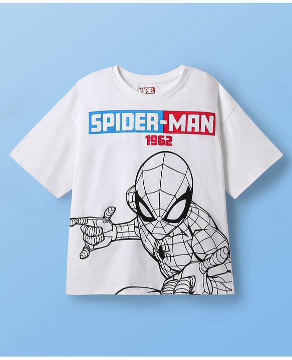 Pine Kids Marvel Single Jersey Knit Half Drop Shoulder Sleeves Oversized T-Shirt & Shorts Set With Spider- Man Graphics - White & Red