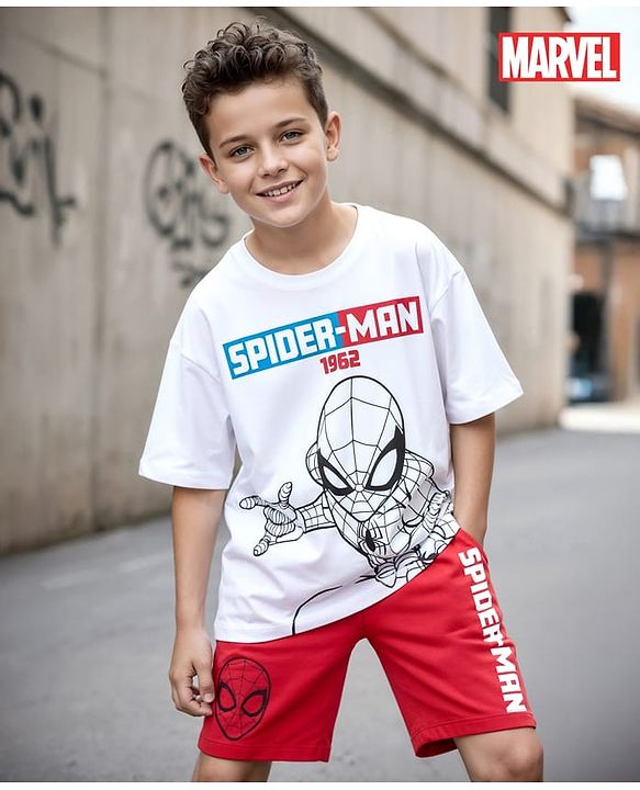 Pine Kids Marvel Single Jersey Knit Half Drop Shoulder Sleeves Oversized T-Shirt & Shorts Set With Spider- Man Graphics - White & Red