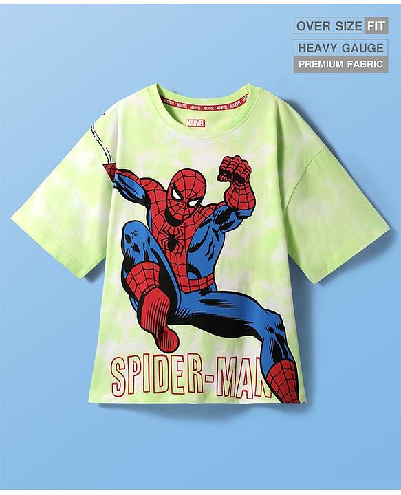 Pine Kids Marvel Single Jersey Knit Half Drop Shoulder Sleeves Oversized Tie & Dye T-Shirt with Spider Man Graphics - Light Green