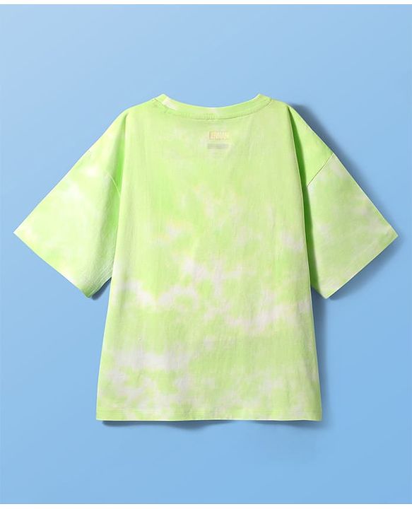 Pine Kids Marvel Single Jersey Knit Half Drop Shoulder Sleeves Oversized Tie & Dye T-Shirt with Spider Man Graphics - Light Green