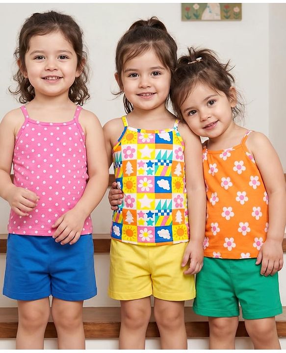 Babyhug 100% Cotton Single Jersey Knit Slips With Polka Dots & Floral Print Pack Of 3 - Pink Orange & Yellow