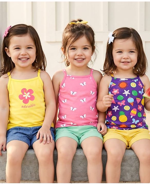 Babyhug 100% Cotton Single Jersey Knit Sleeveless Slips With Floral & Butterfly Print Pack Of 3 - Pink Blue & Yellow