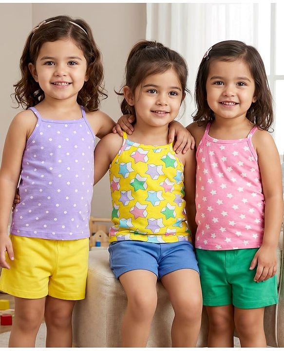 Babyhug 100% Cotton Single Jersey Knit Sleeveless Slips With  Polka Dots & Star Print Pack Of 3 - Pink Purple & Yellow