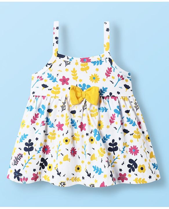 Babyhug 100% Cotton Single Jersey Knit Sleeveless Frock Floral Print & Bow Applique - White