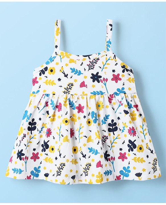 Babyhug 100% Cotton Single Jersey Knit Sleeveless Frock Floral Print & Bow Applique - White